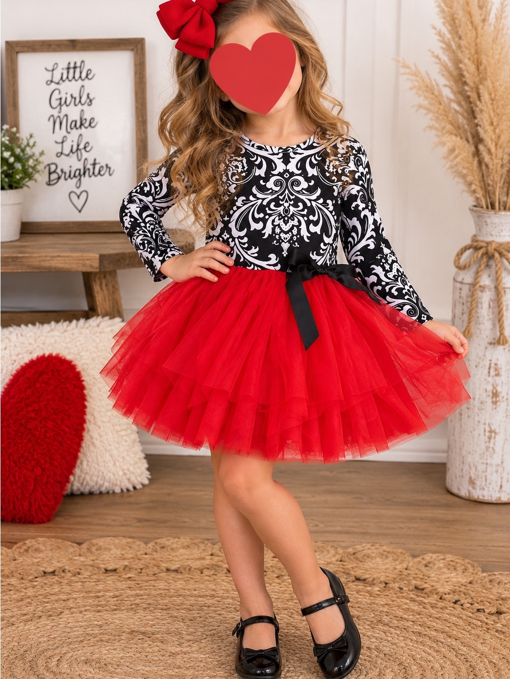 Boutique Girls Red Black Tulle Tutu Dress Size 6/7 Damask Long Sleeve Holiday❤️🖤